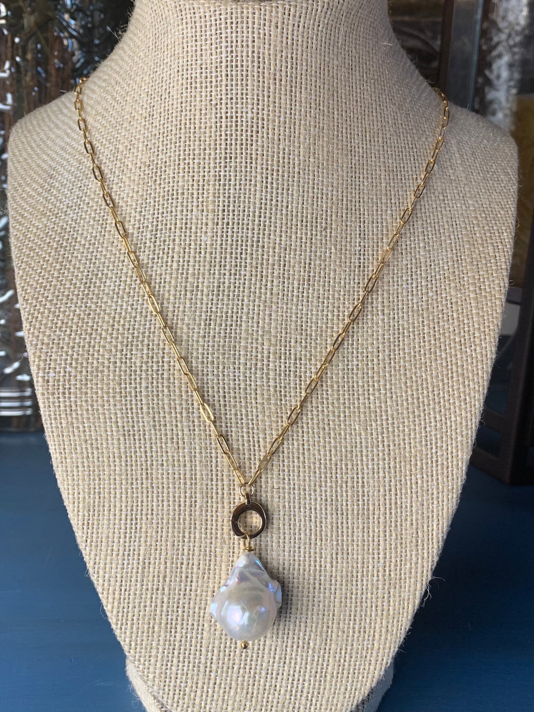 Large baroque pearl on gold filled chain